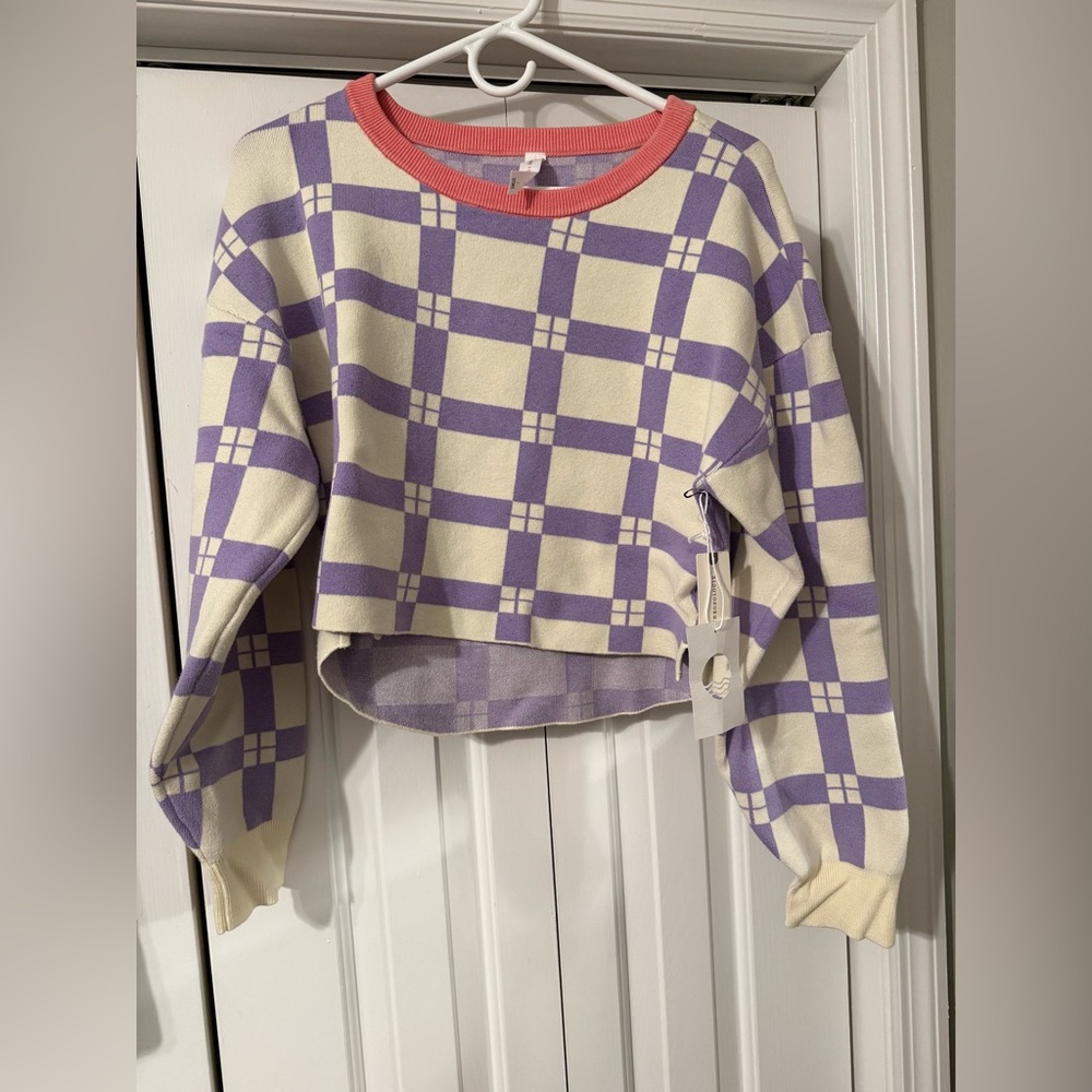 Anthropologie Purple and Cream Checkered Crew Neck Sweater